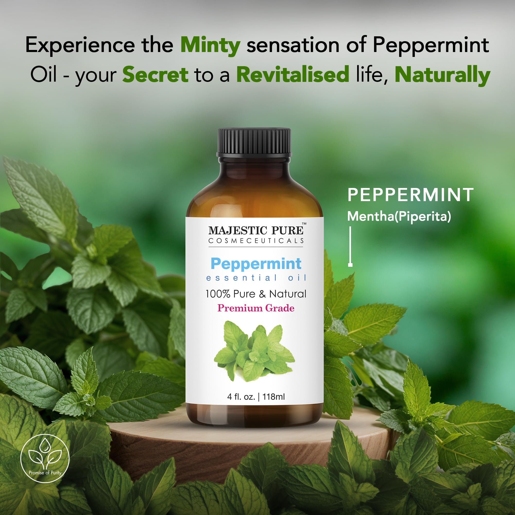 Amber glass Majestic Pure Peppermint Oil bottle protecting potency from light.