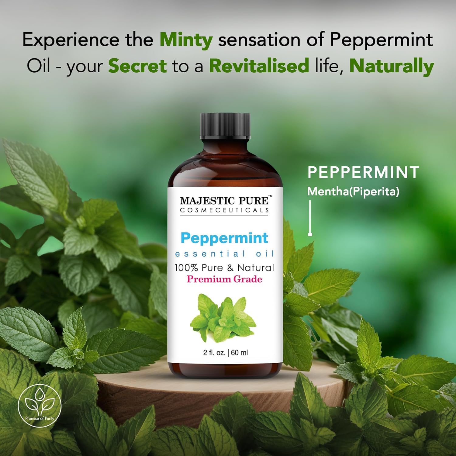Majestic Pure peppermint oil amber glass bottle protecting from light exposure.