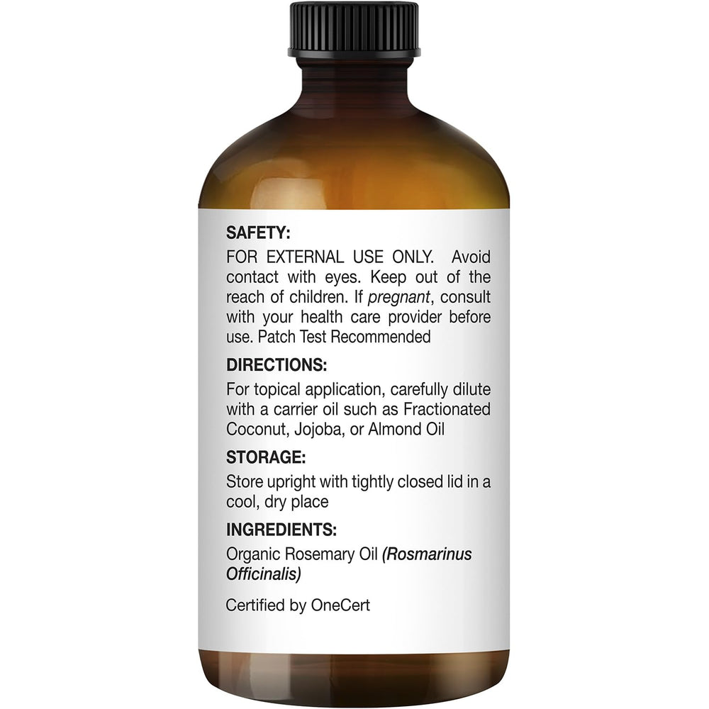 Majestic Pure rosemary essential oil amber bottle protects potency during storage.