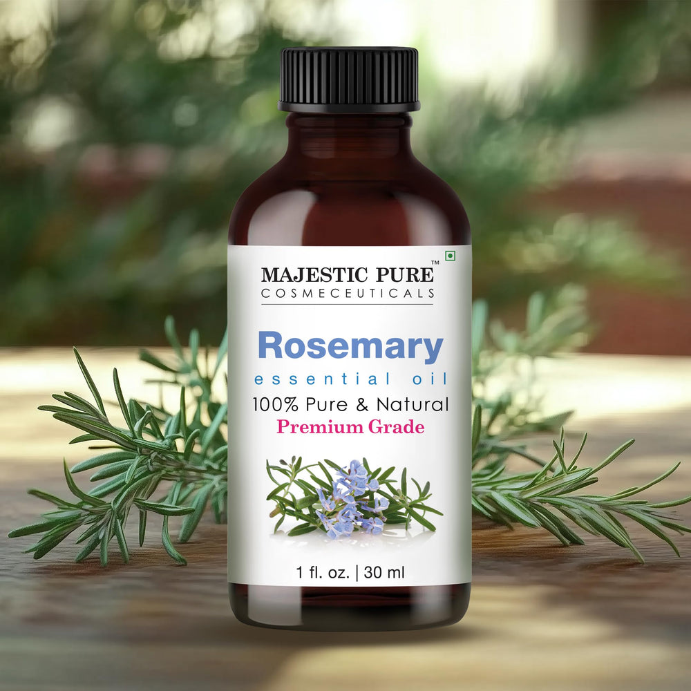 Majestic Pure rosemary essential oil in amber glass bottle protects purity.