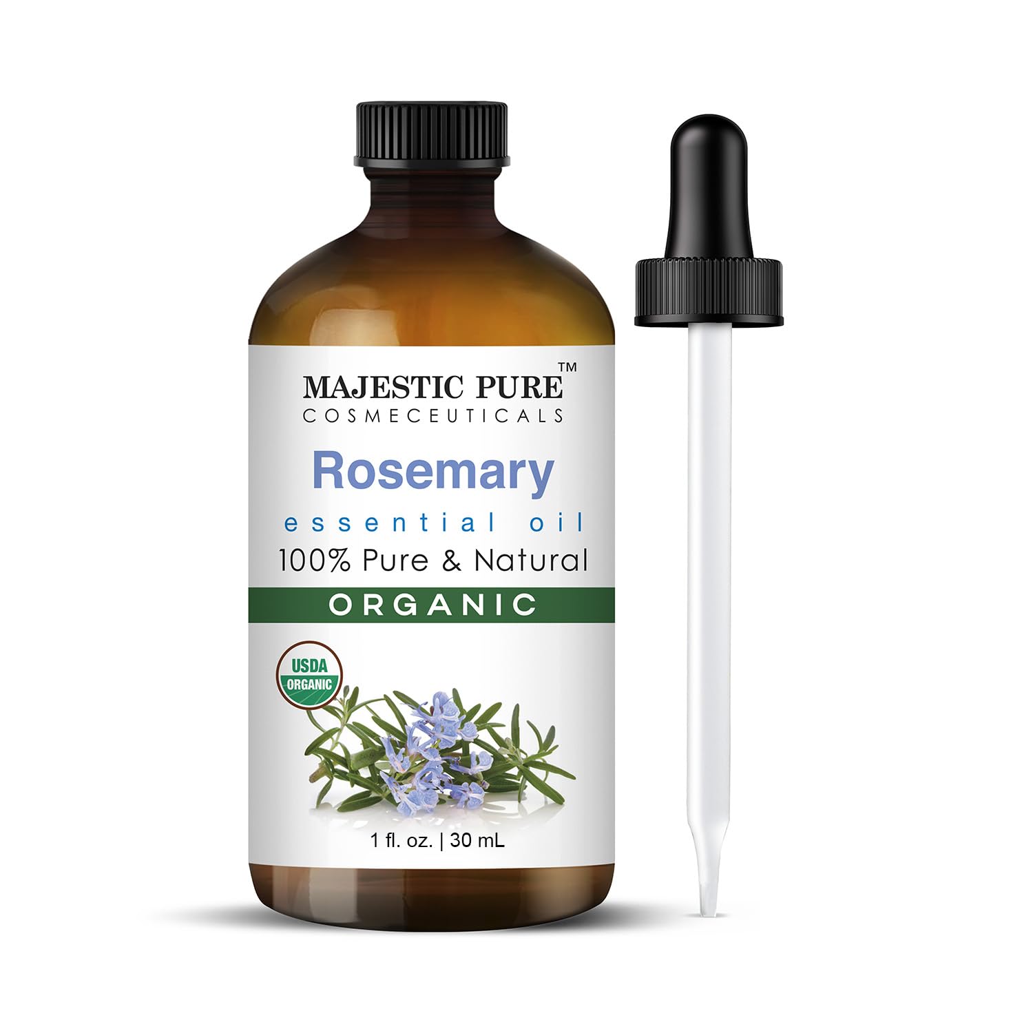 Majestic Pure Rosemary essential oil bottle in amber glass for premium aromatherapy.