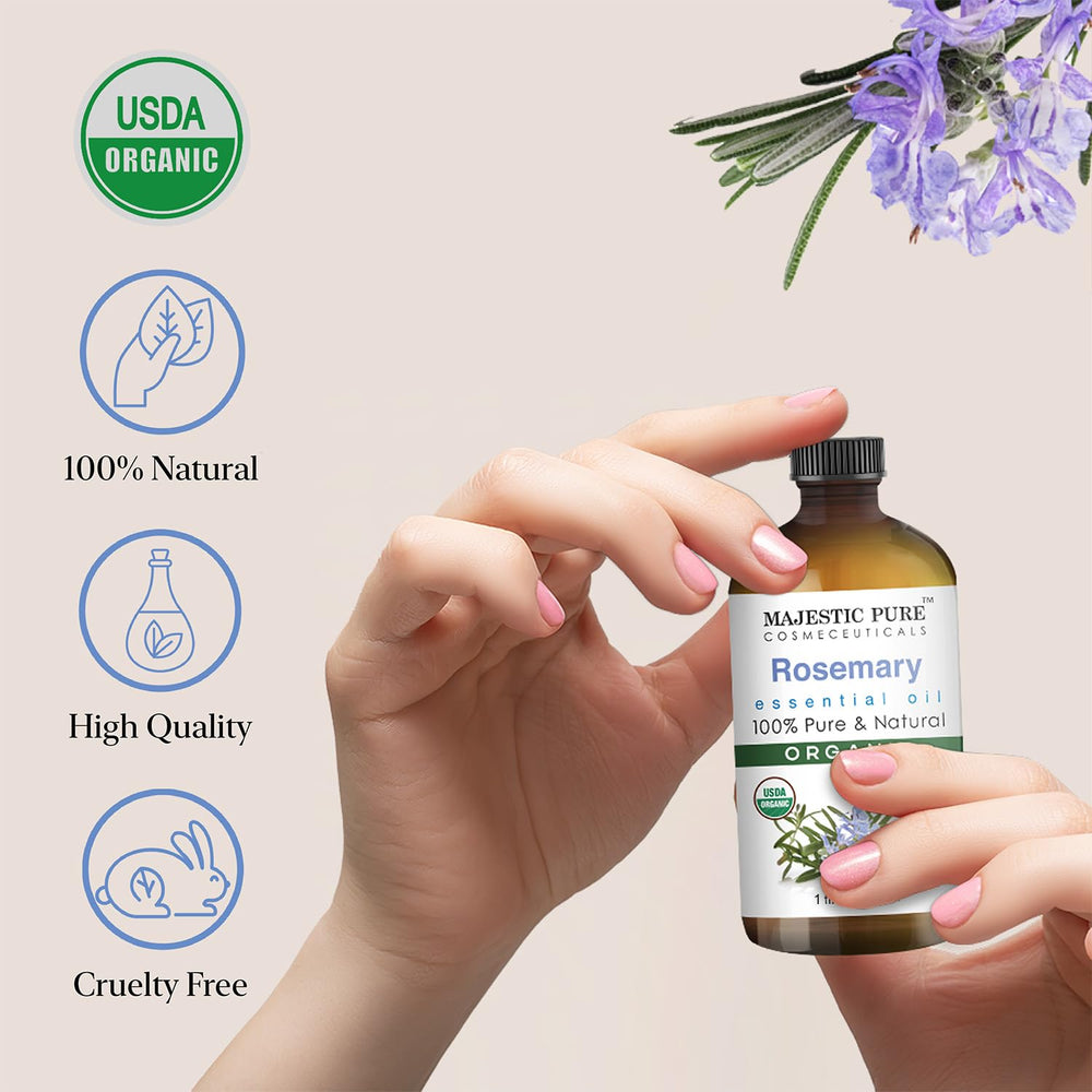 Majestic Pure rosemary oil used in hair care blends for scalp care and shine.
