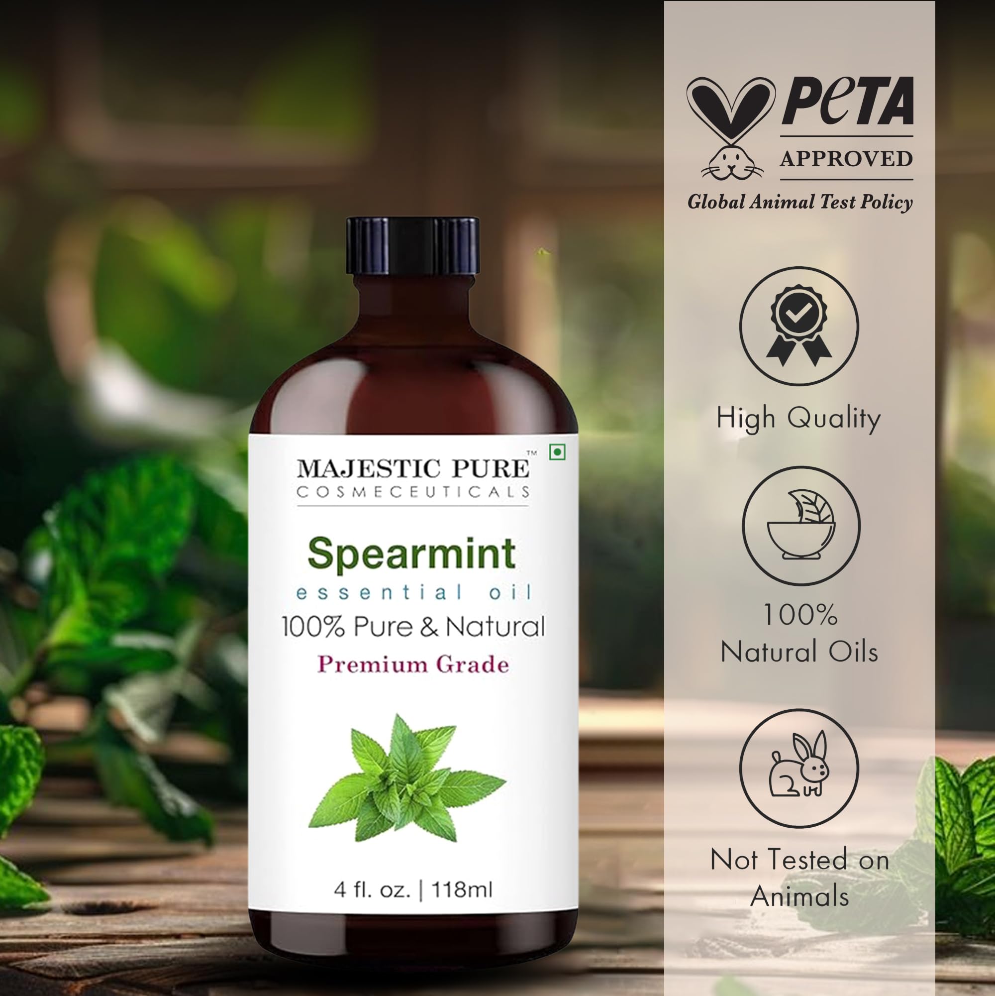 Amber glass bottle of Majestic Pure Spearmint oil protects aroma from light.