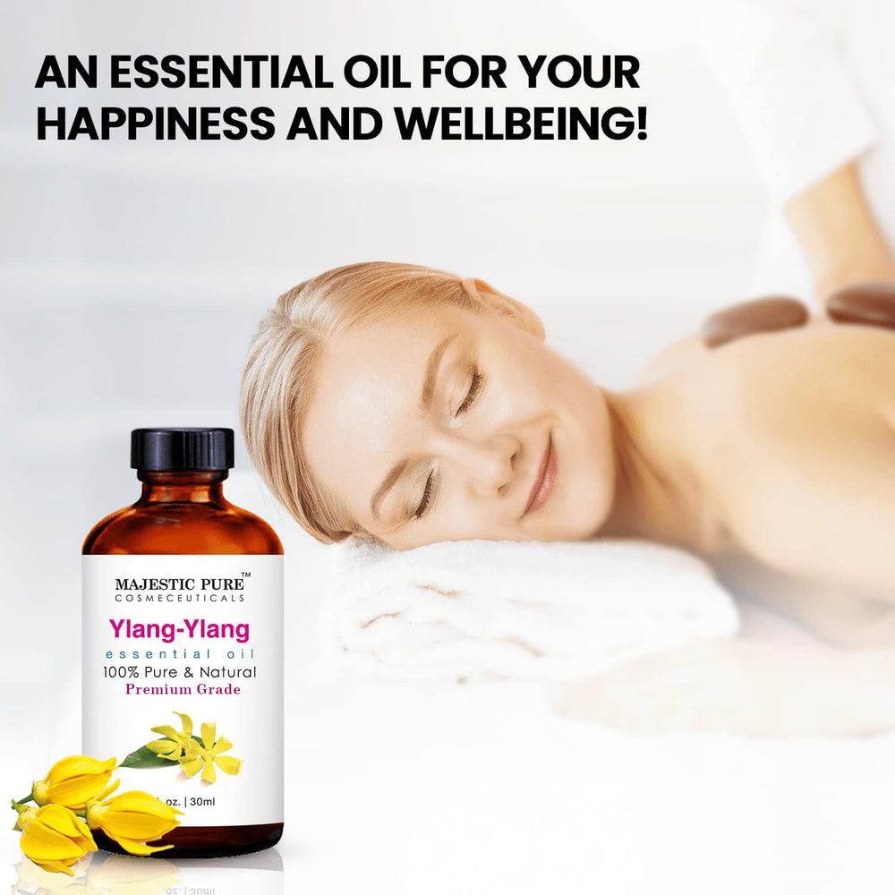 Dropper dispensing Majestic Pure Ylang Ylang oil for easy use.