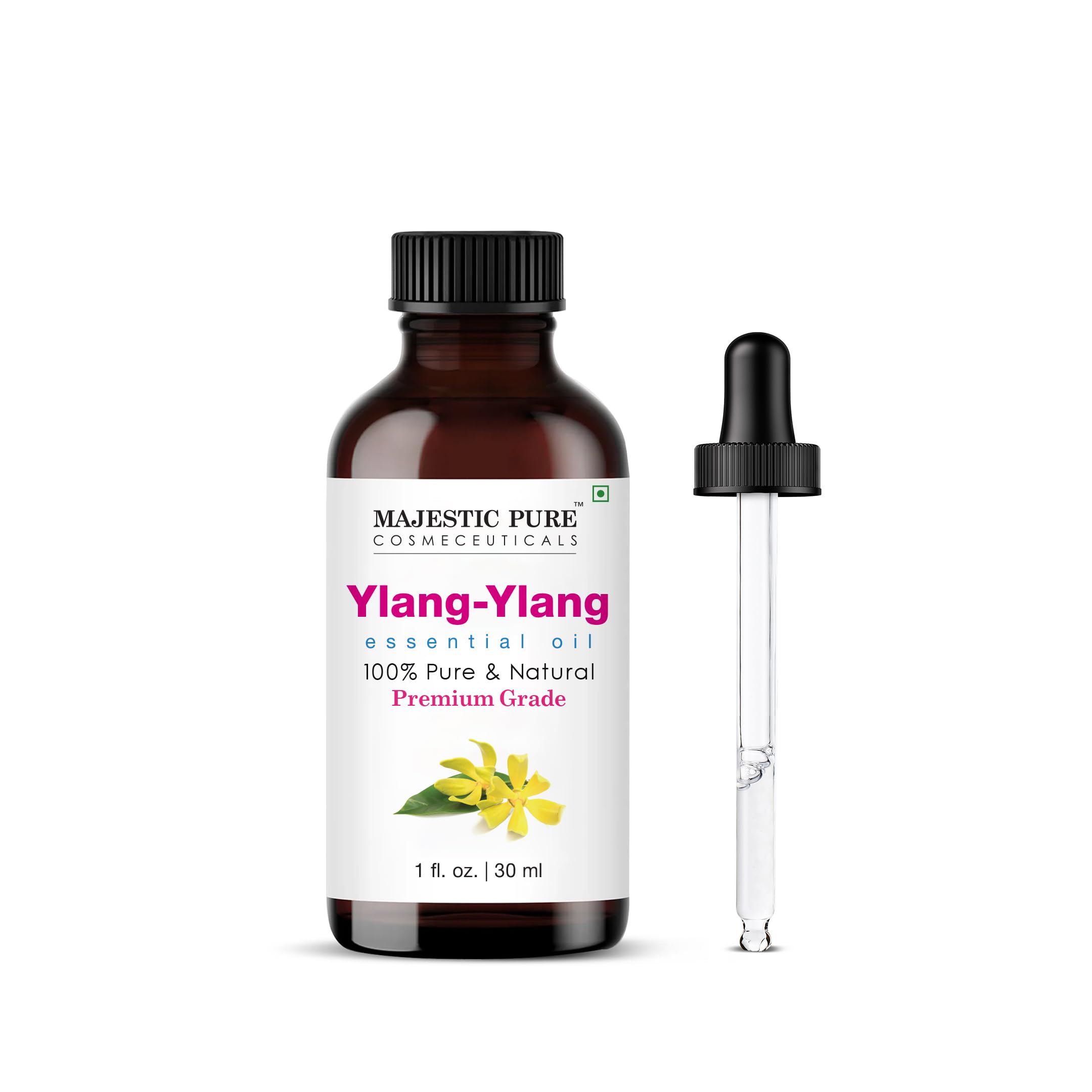 Majestic Pure Ylang Ylang essential oil bottle with dropper for precise diffusing.