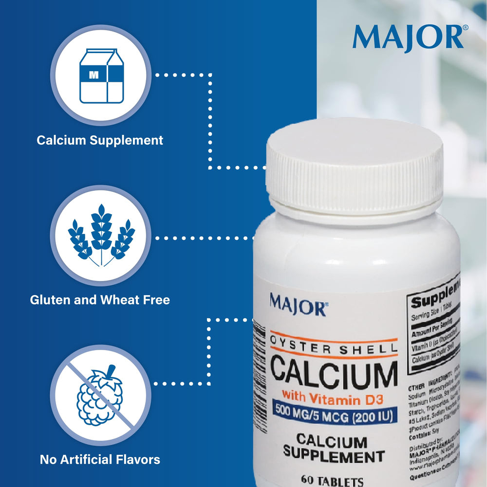 MAJOR oyster-shell-calcium-d3 serving portion shows the 1-tablet daily dose.