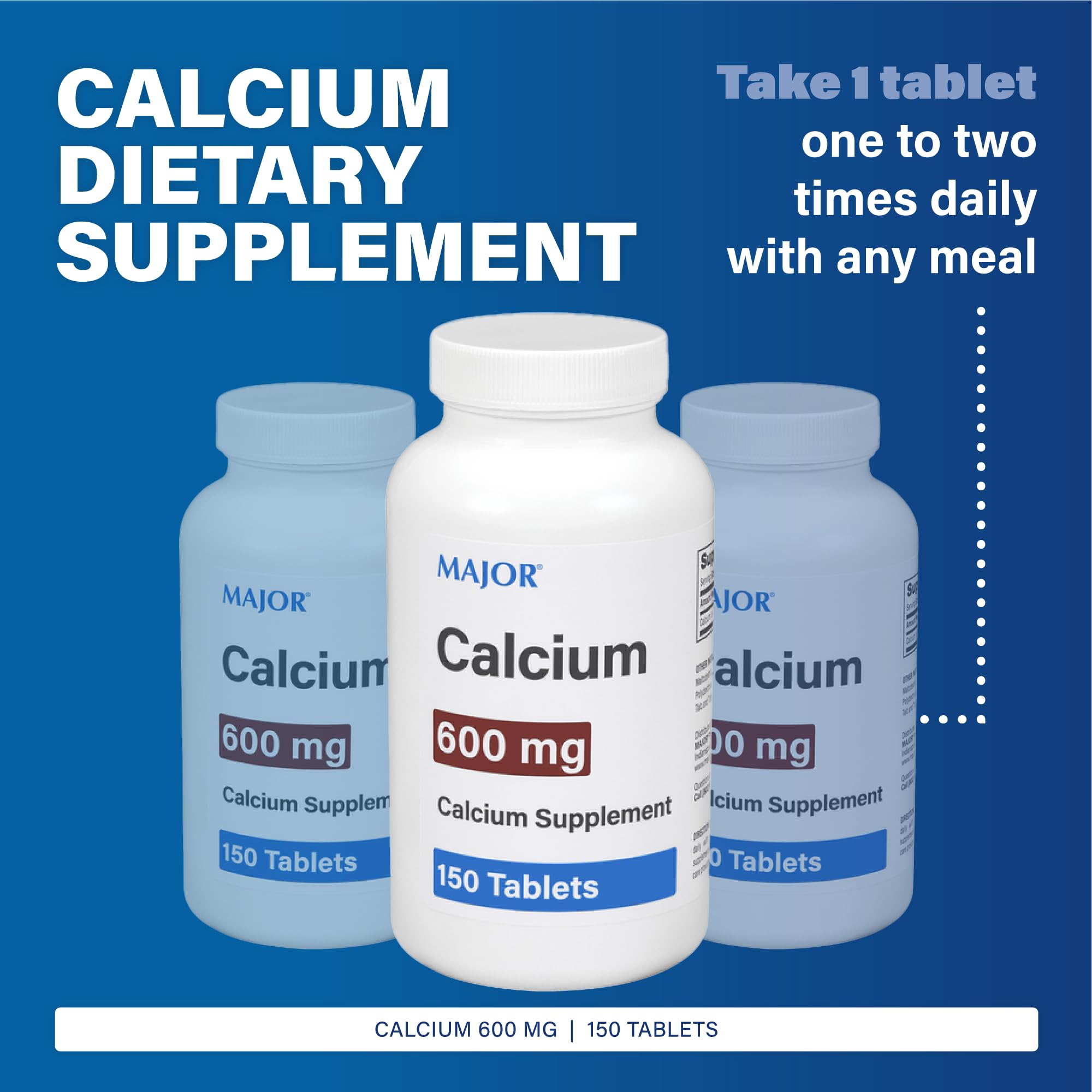 Major calcium tablets close-up showing smooth coating for easy swallowing.