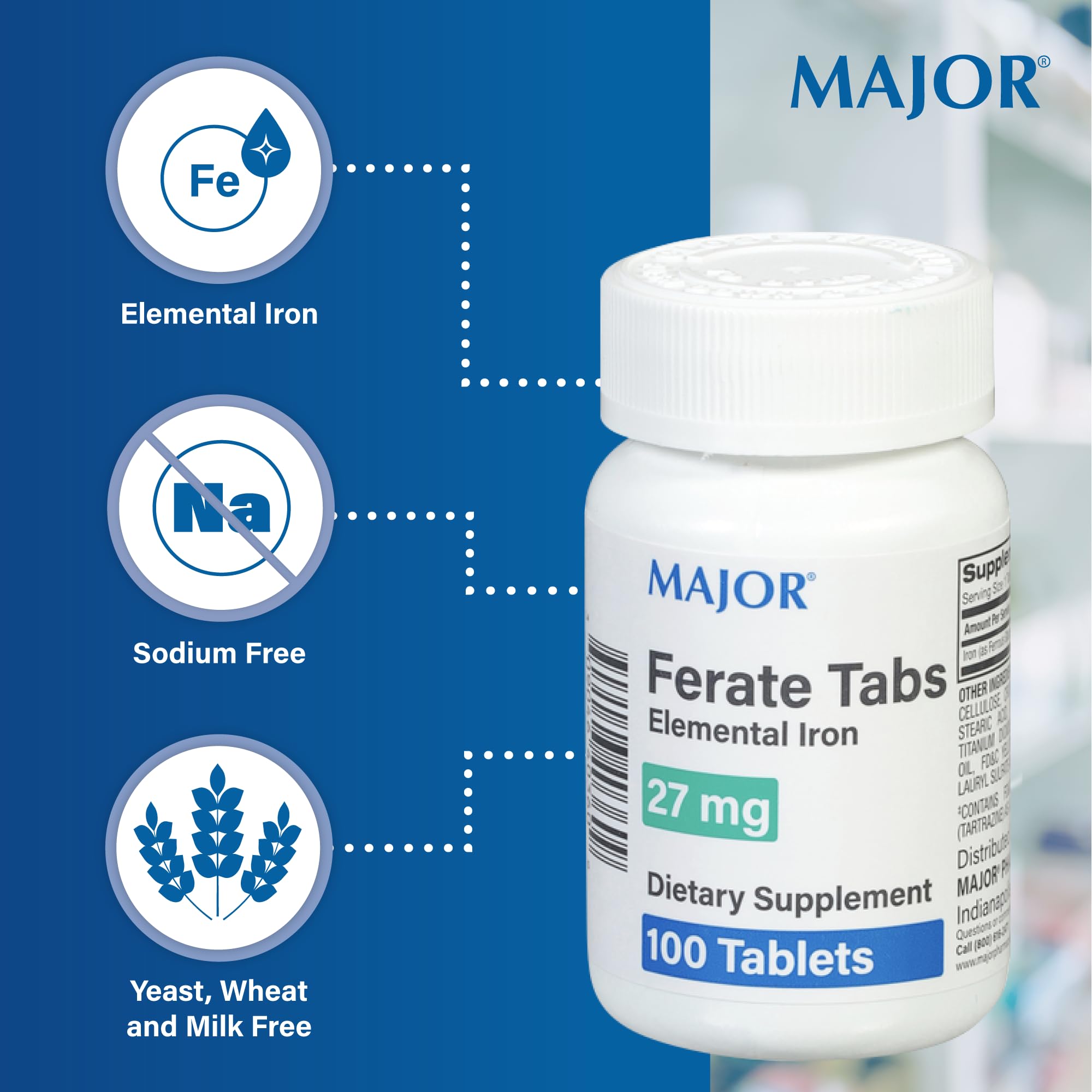MAJOR Ferate Tabs bottle back label highlights iron content and ingredients