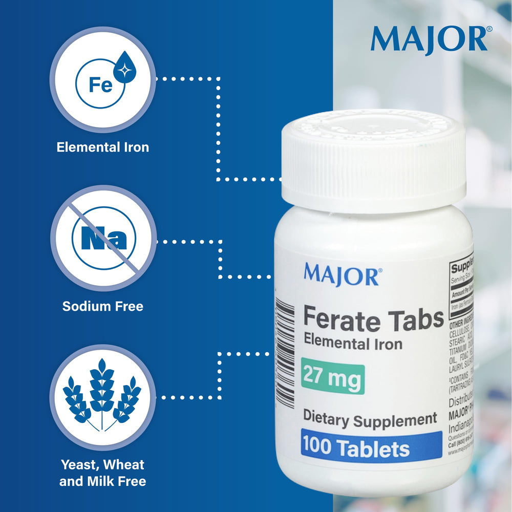MAJOR Ferate Tabs bottle back label highlights iron content and ingredients