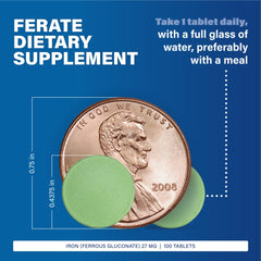 Close-up of MAJOR Ferate Tabs tablets with ferrous gluconate