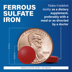 Major Ferosul bottle label close-up highlights 65 mg elemental iron per tablet.