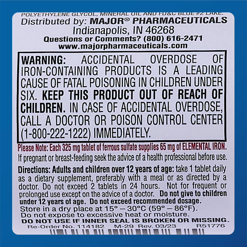 Major Ferosul red bottle and label convey trusted iron supplementation.