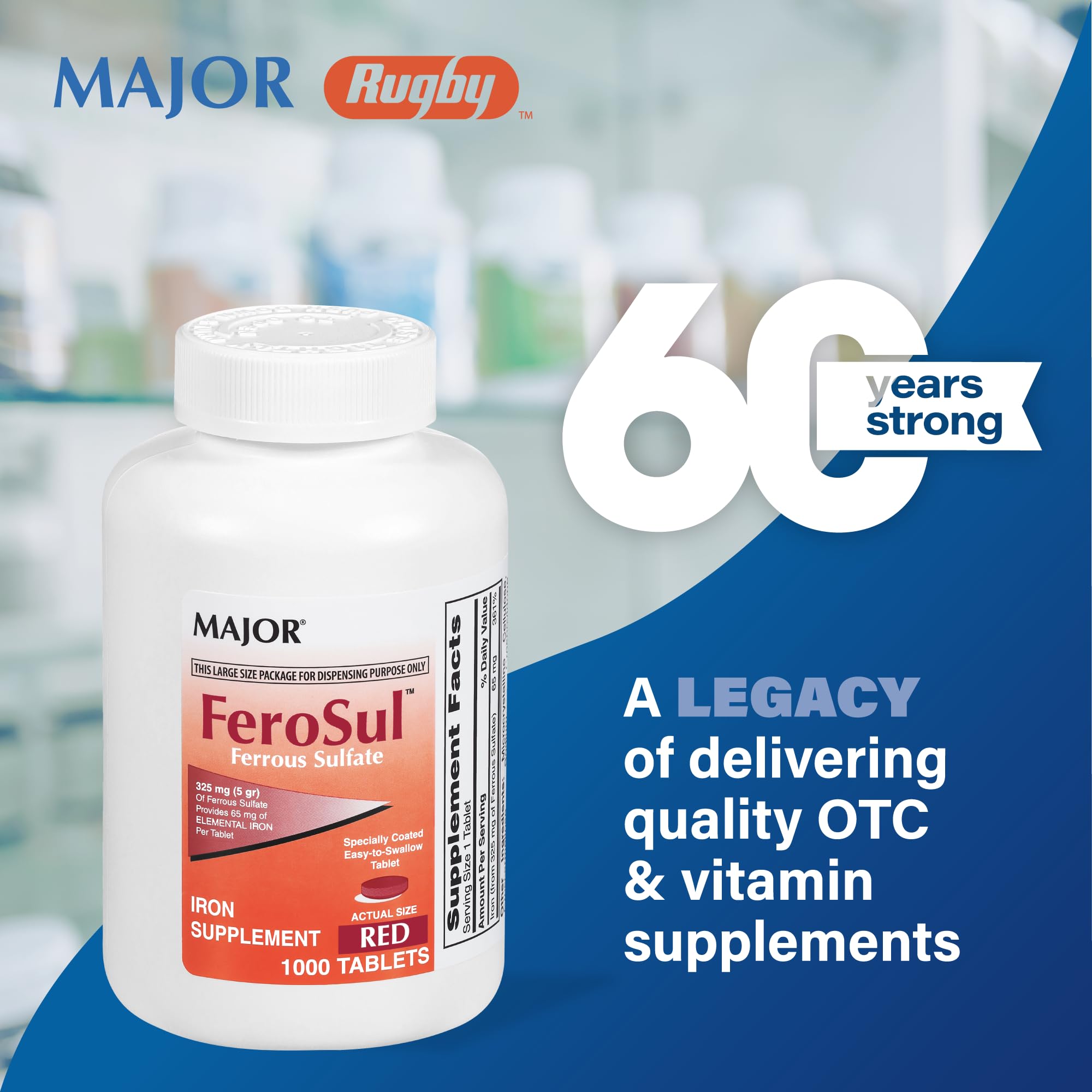 Major FeroSul packaging and label display ferrous sulfate product details.