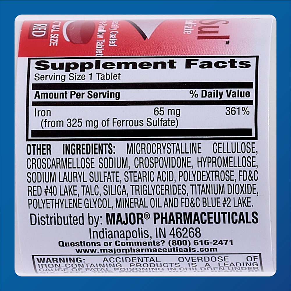 Major Ferosul pills inside bottle demonstrate convenient daily supplement routine.