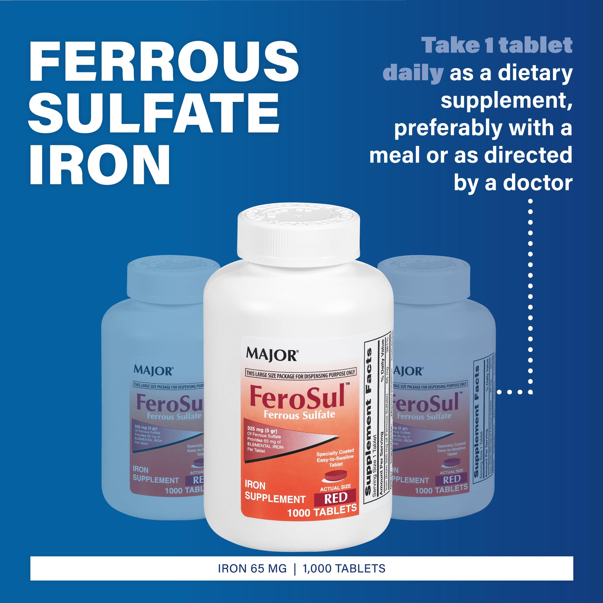 Close-up of Major FeroSul tablet showing coating and iron content.