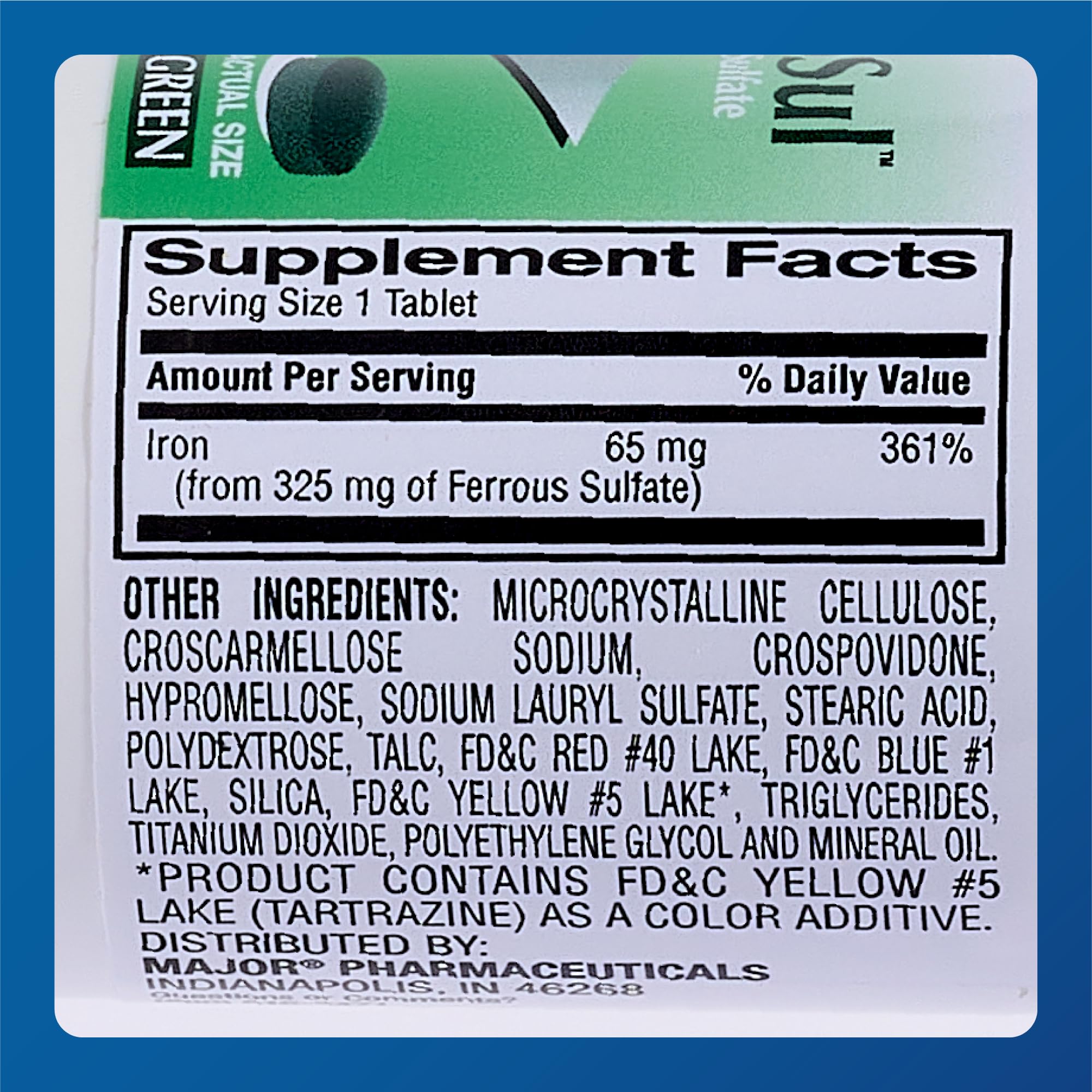 Major Ferosul tablet green bottle scene highlighting allergen-free features