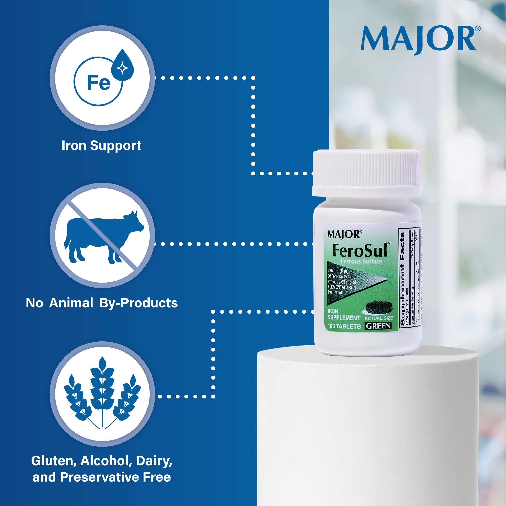 Major Ferosul tablet green label detail showing ferrous sulfate composition