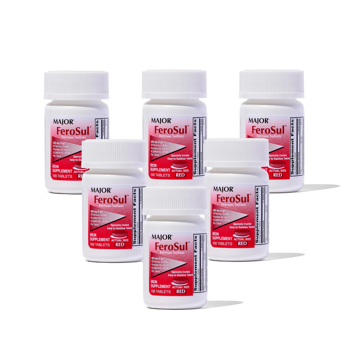MAJOR Ferosul ferrous sulfate tablet in red bottle for daily use.