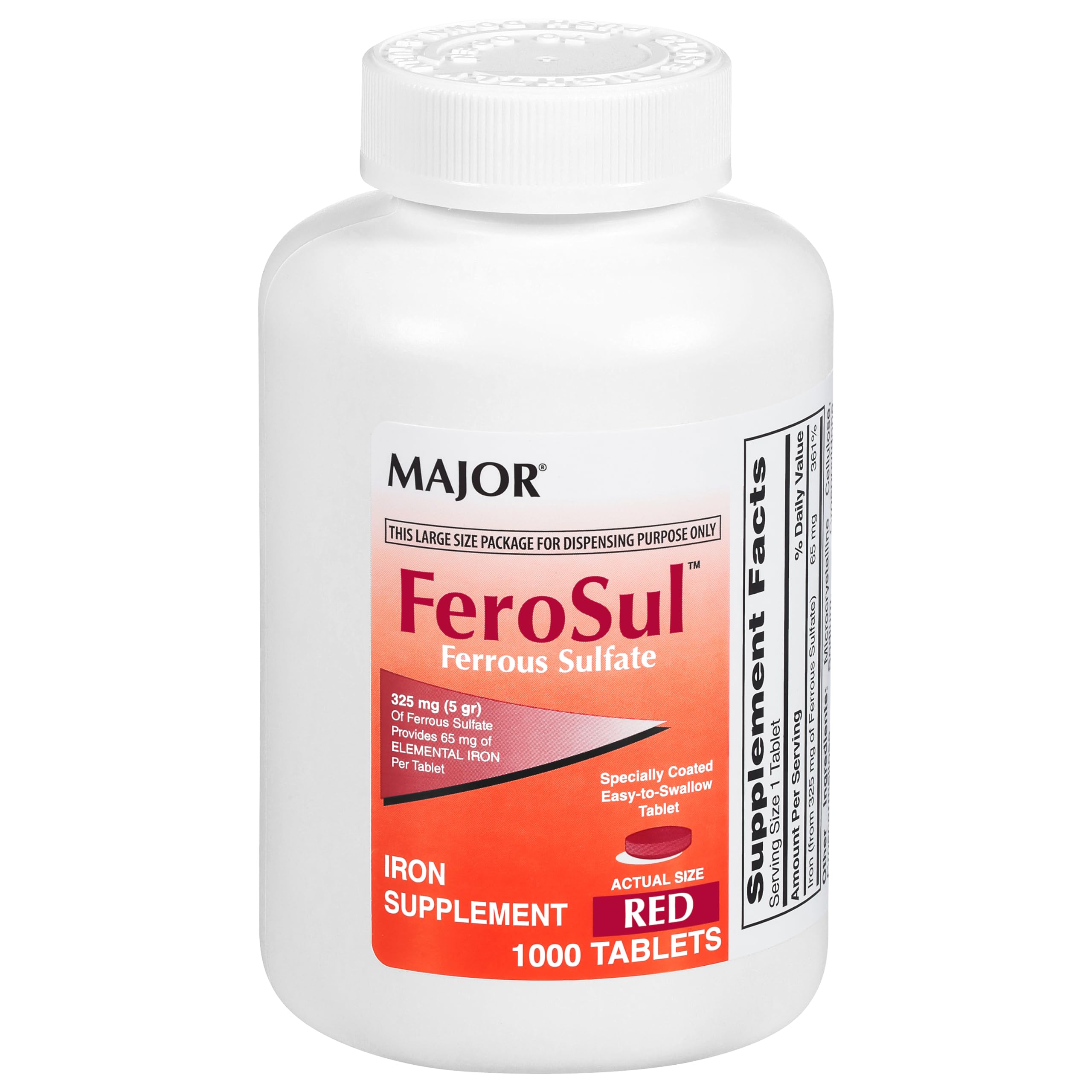 Major FeroSul iron tablet with red coating for easy swallowing and daily use.