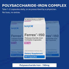 Ferrex-150 en dosis por capsula, apta para planes diarios de hierro.
