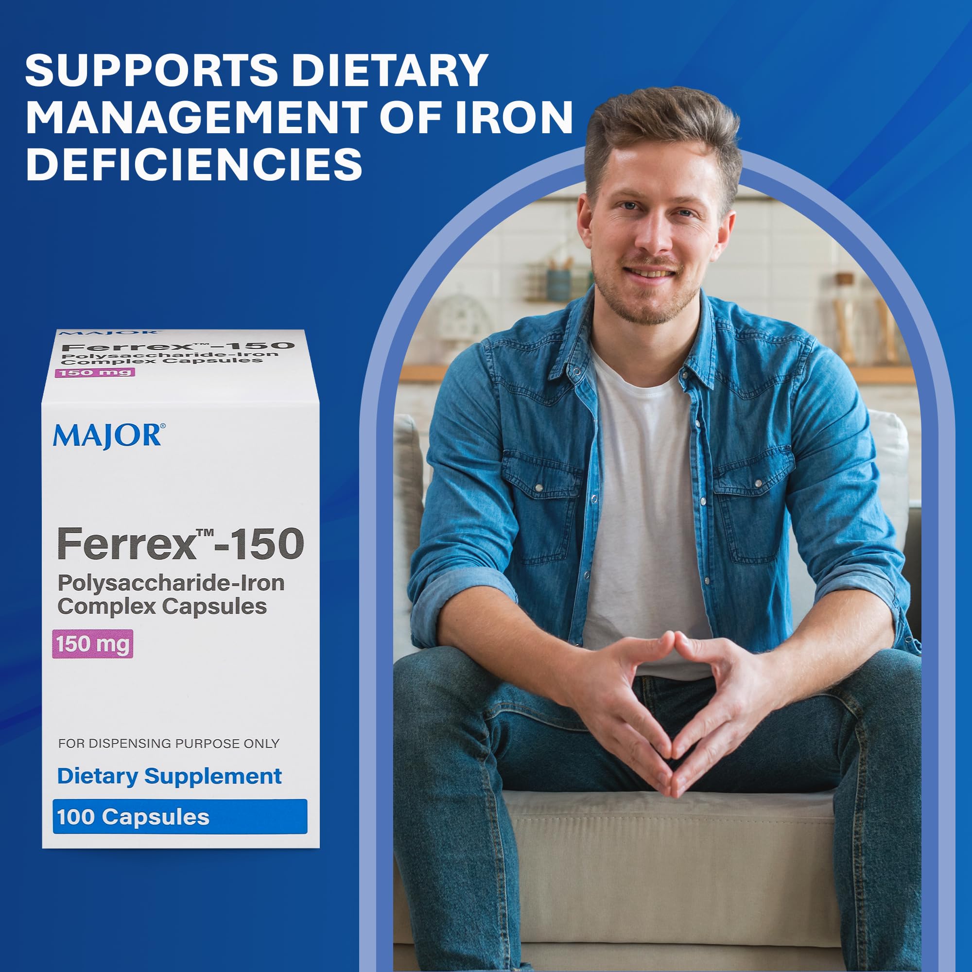 Presentacion de 100 capsulas Ferrex-150, opcion practica para gestion de hierro.