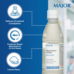 Glass of lemon-flavored Major laxative ready to drink.