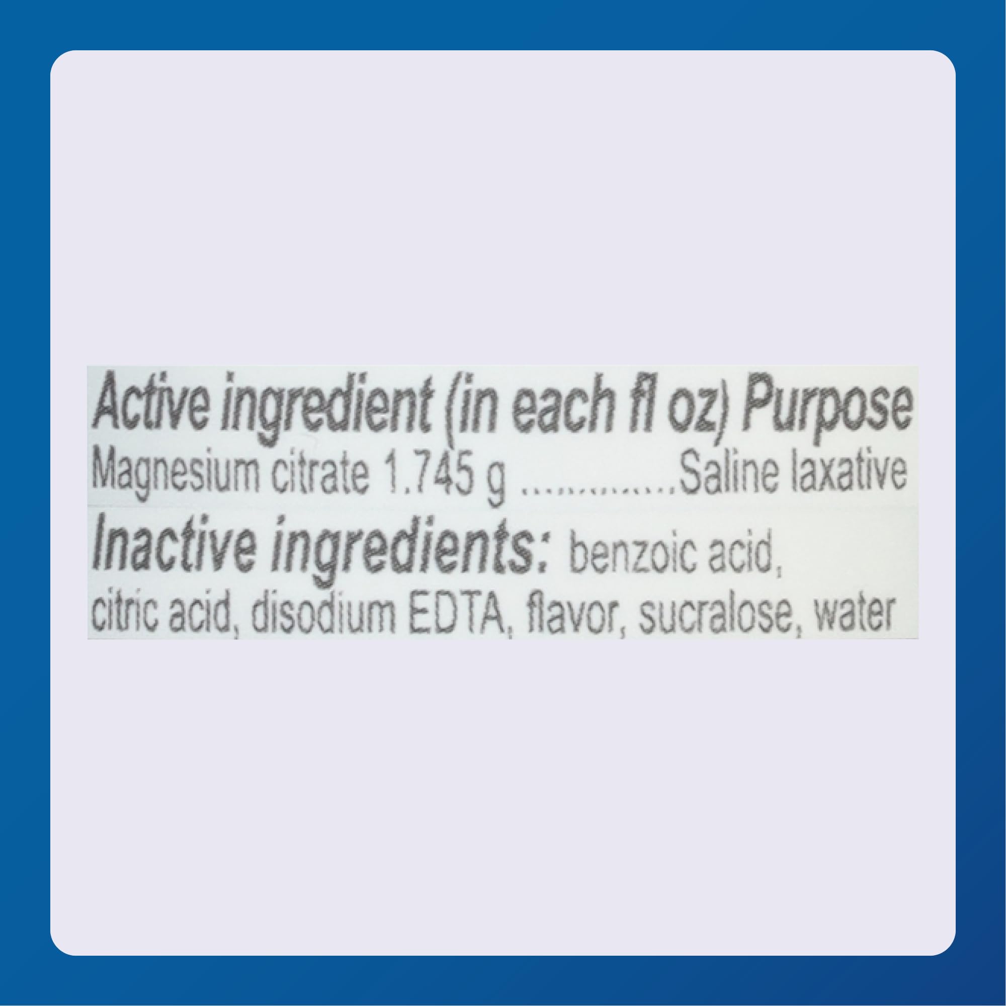 MAJOR Magnesium Citrate ingredient section explains magnesium citrate content per ounce.