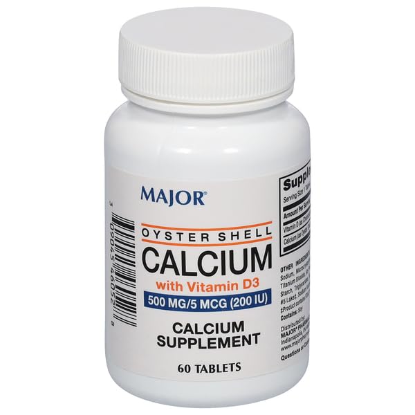 MAJOR oyster shell calcium 500 mg tablets bottle front view supports daily calcium intake.