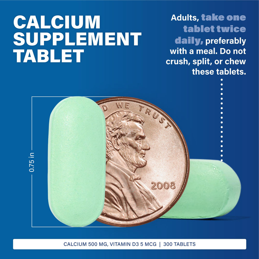 Major Oyster Shell Calcium ingredients label shows oyster shell calcium and D3 with no common allergens.