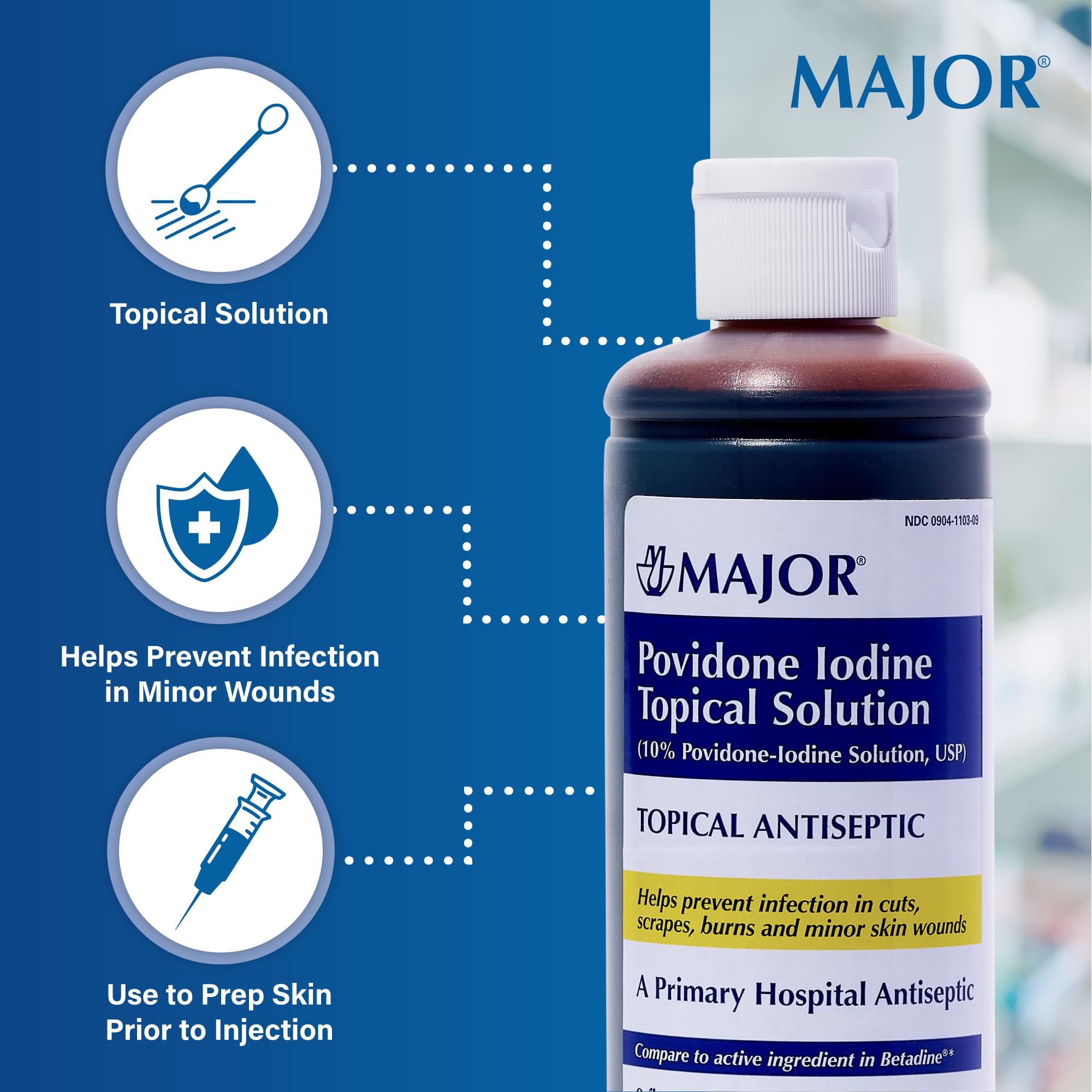 Major bottle beside cotton for clean first aid application.