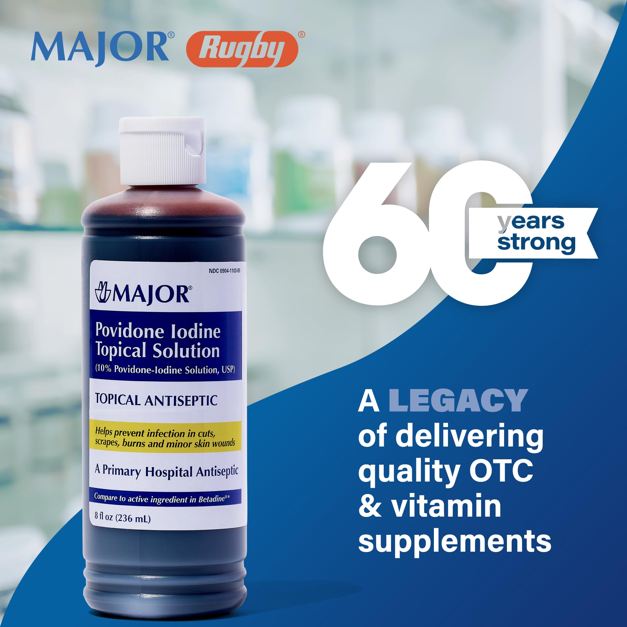 Label on Major Povidone-Iodine USP bottle highlights potency and directions.
