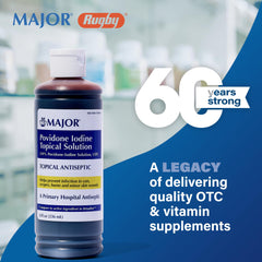 Label on Major Povidone-Iodine USP bottle highlights potency and directions.