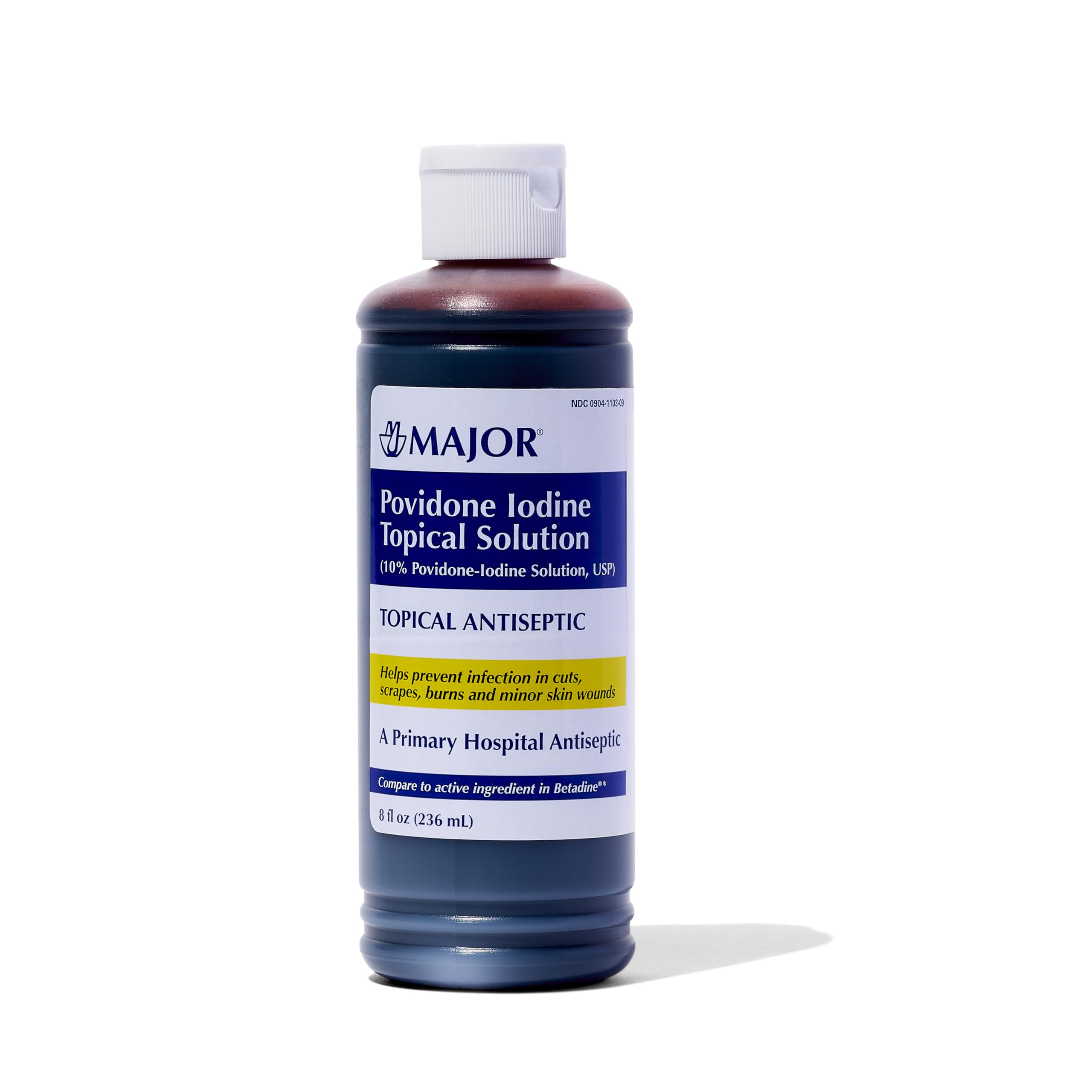 Major Povidone-Iodine liquid bottle ready for minor wound antiseptic use.