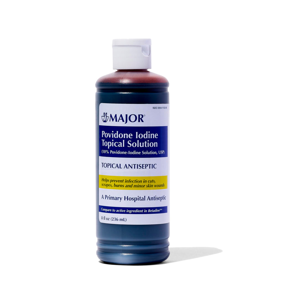 Major Povidone-Iodine liquid bottle ready for minor wound antiseptic use.