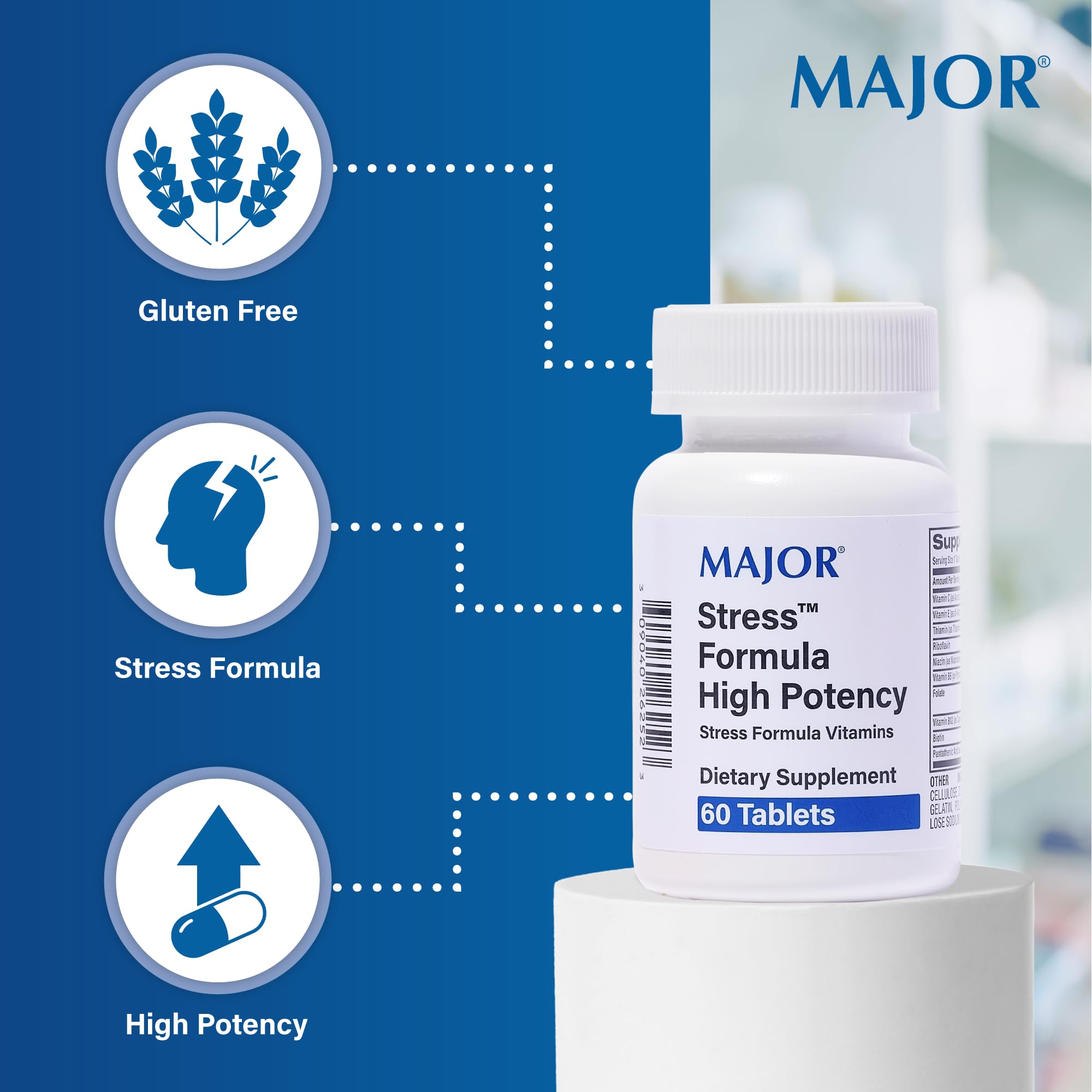 MAJOR Stress Formula label closeup highlighting the vitamin blend.