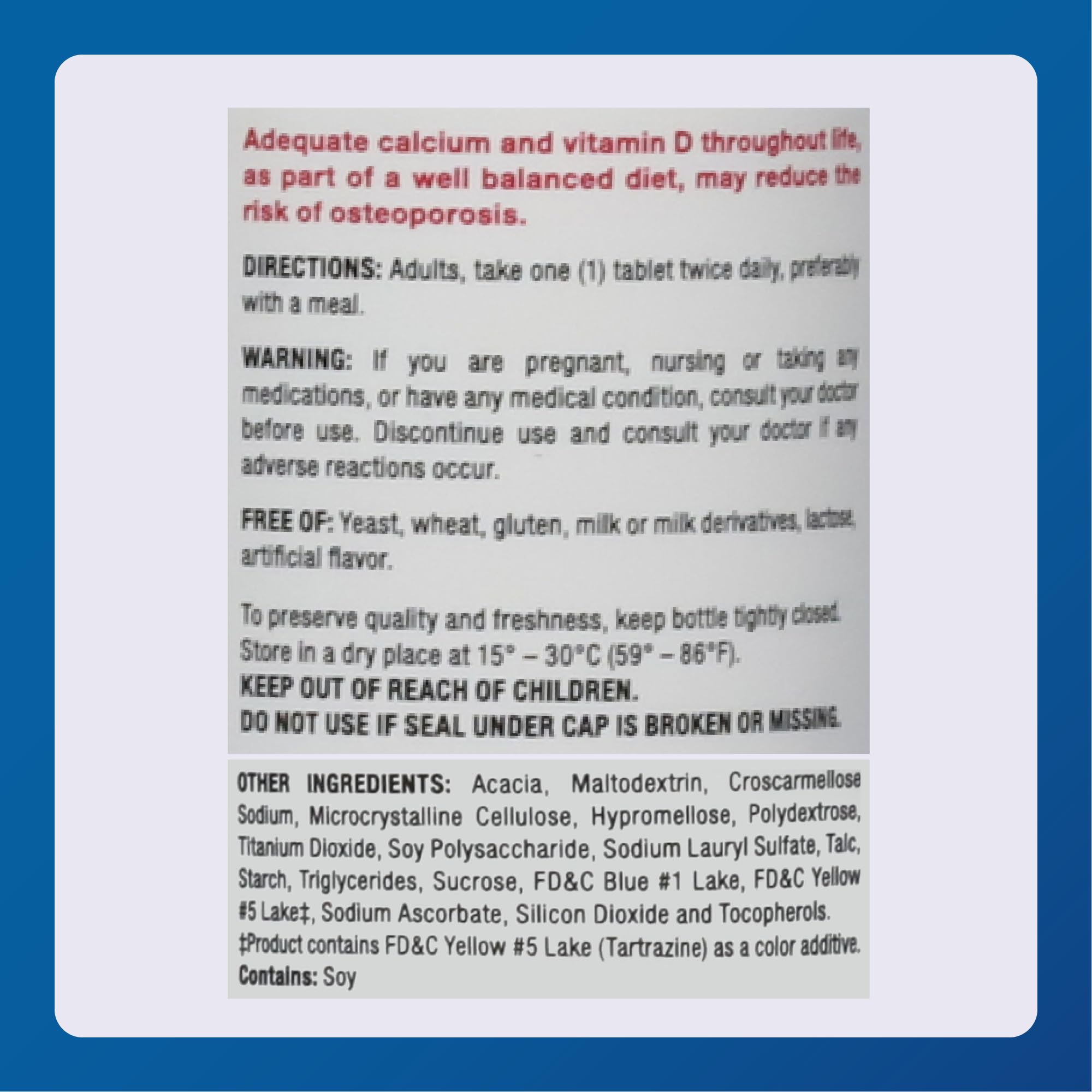 MAJOR supplement facts panel provides clear calcium and vitamin D3 details.