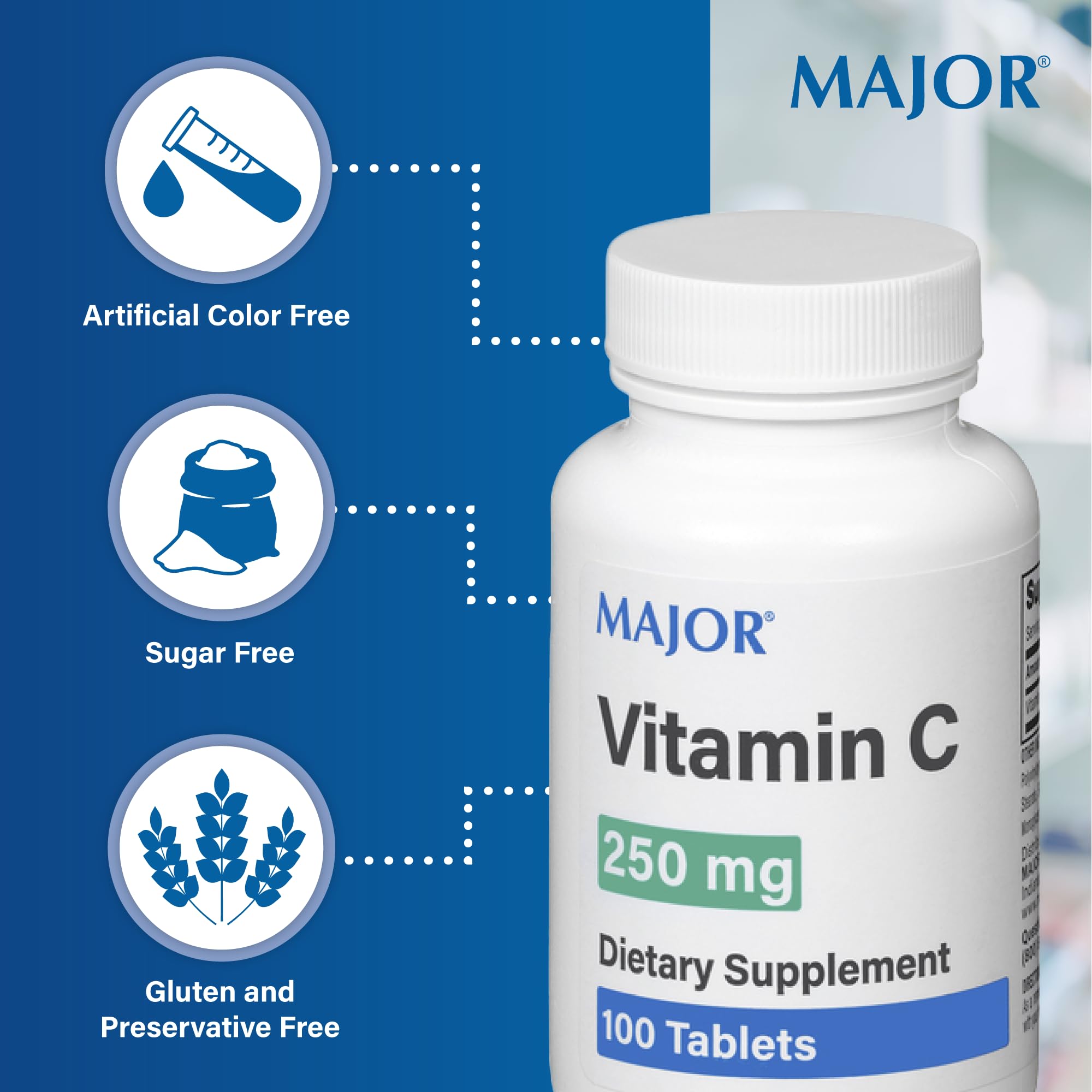MAJOR Vitamin C 250 mg bottle front highlights label and quality promise.