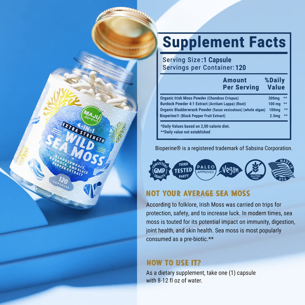 MAJU 120-count sea moss bottle packaging for a 30-day supply.