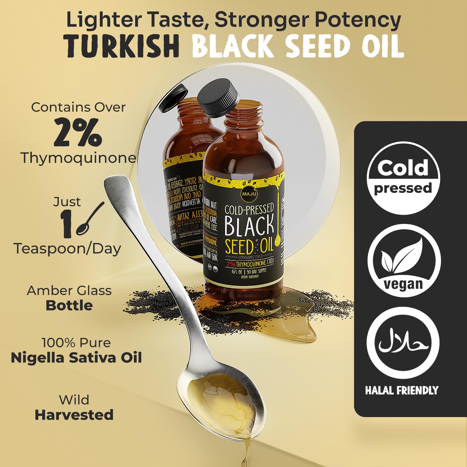 MAJU Black Seed Oil 16oz bottle cap, secure lid for mess-free daily dosing.