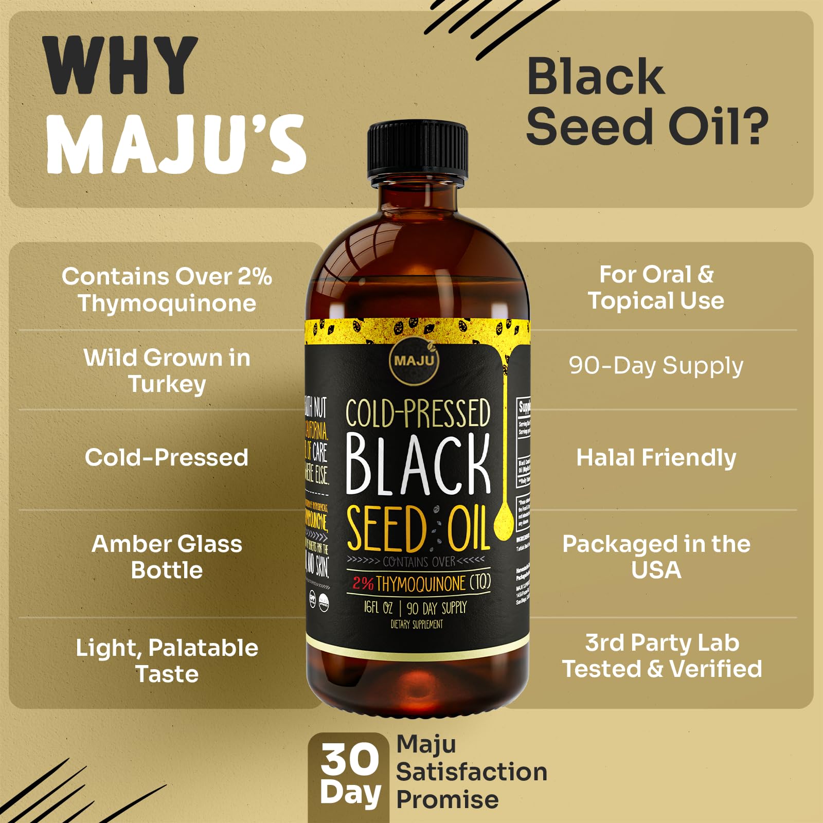 MAJU Black Seed Oil 16oz bottle contents in clear glass highlighting purity.
