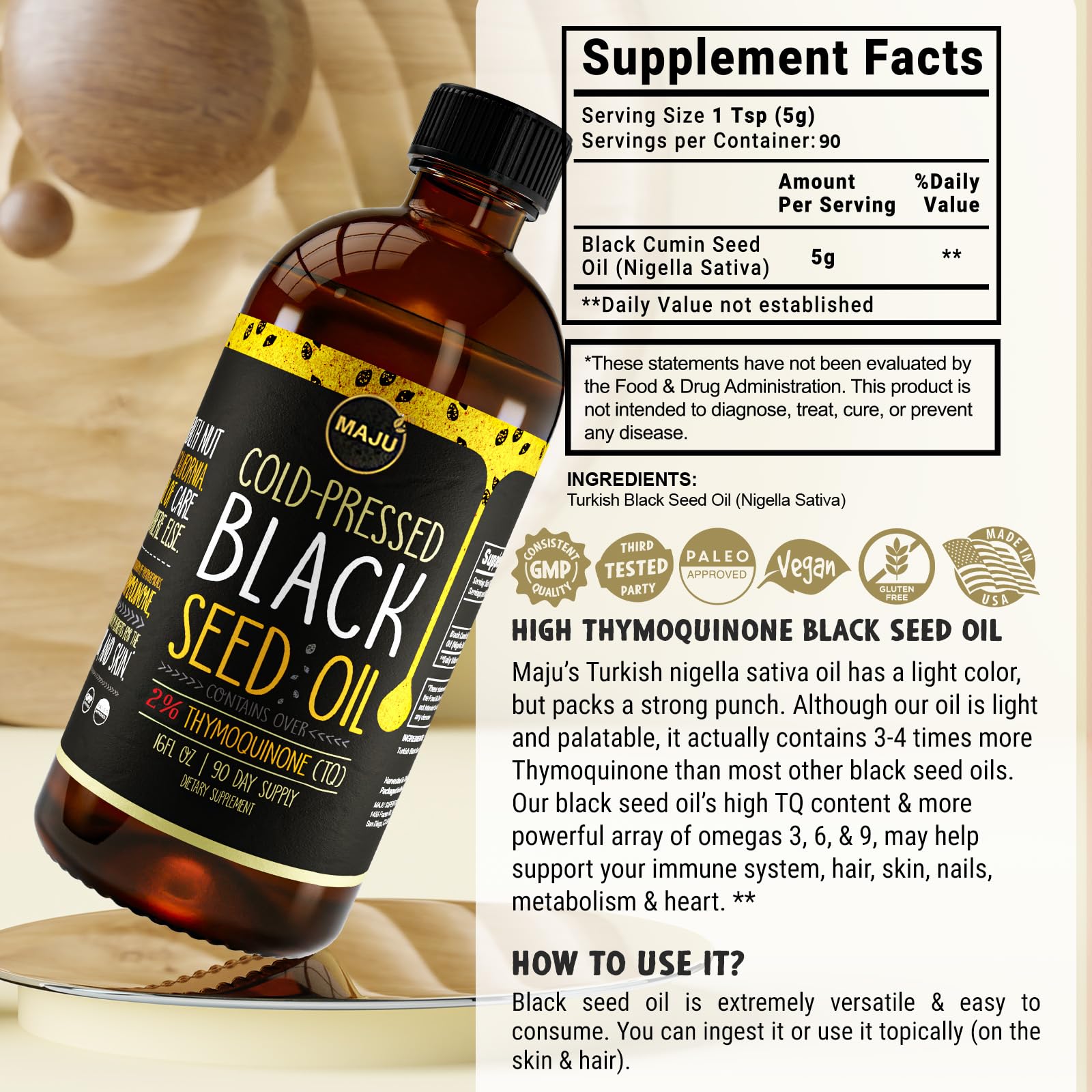 MAJU Black Seed Oil 16oz ingredients list including Turkish Nigella sativa and non GMO.