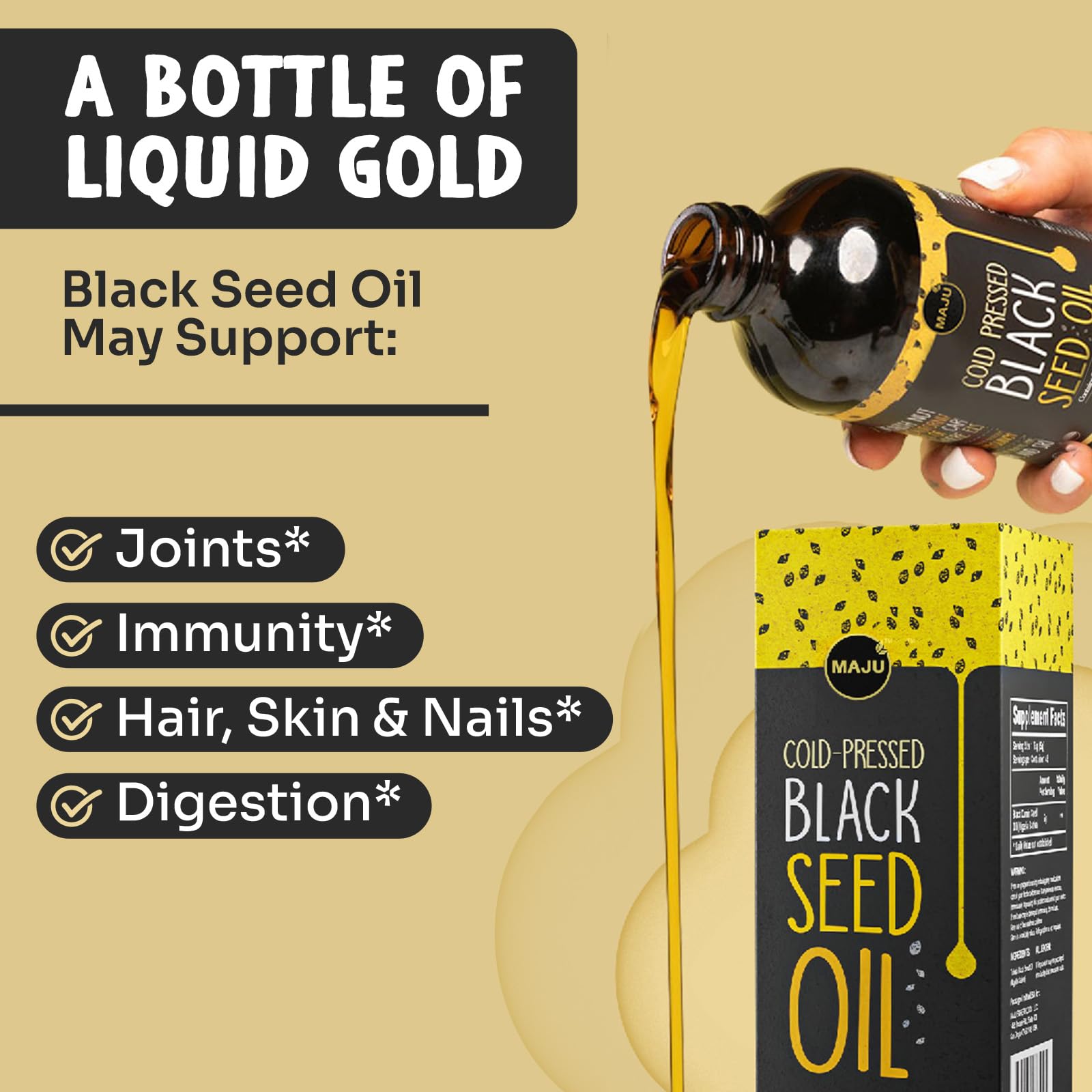 MAJU Black Seed Oil 16oz pour, smooth stream for easy use.