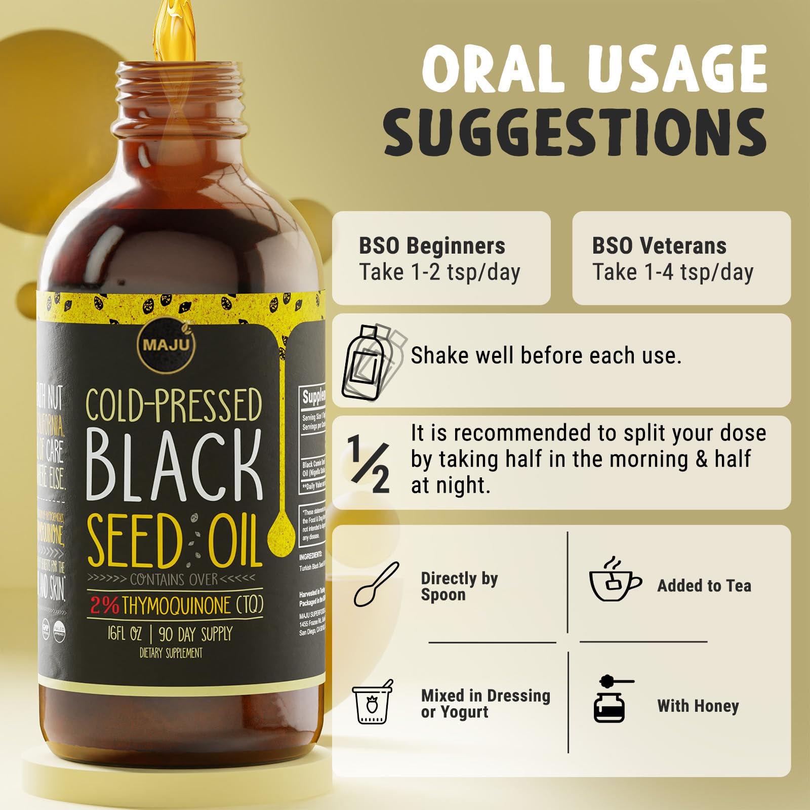 MAJU Black Seed Oil 16oz usage ideas for meals or drinks.