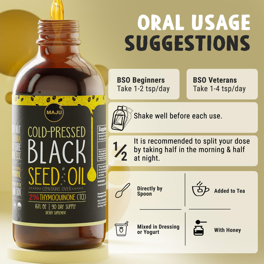 MAJU Black Seed Oil 16oz usage ideas for meals or drinks.