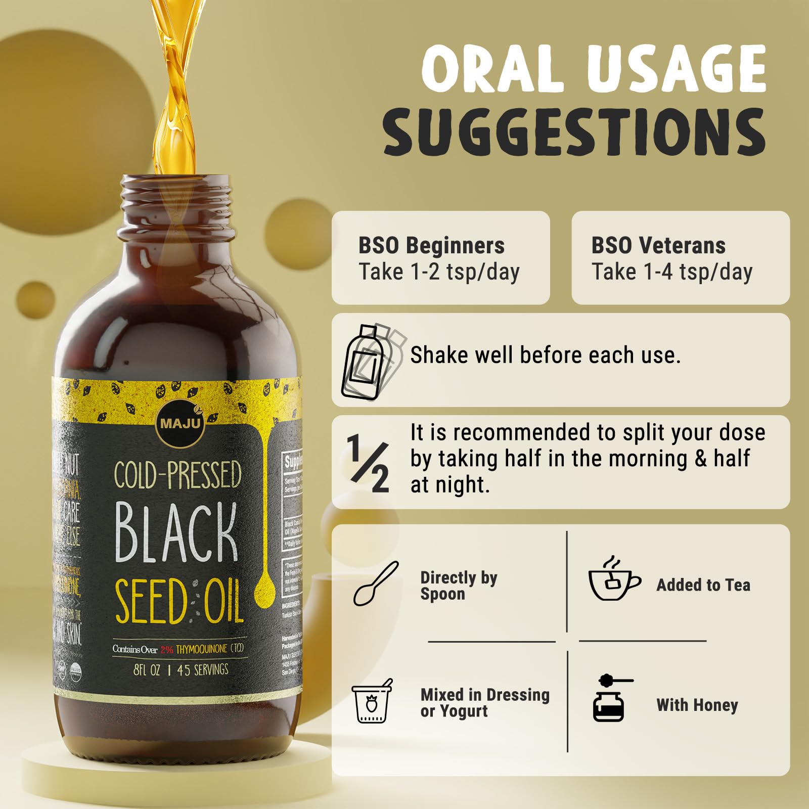 Breakfast scene featuring MAJU Black Seed Oil bottle and spoon, culinary use idea.