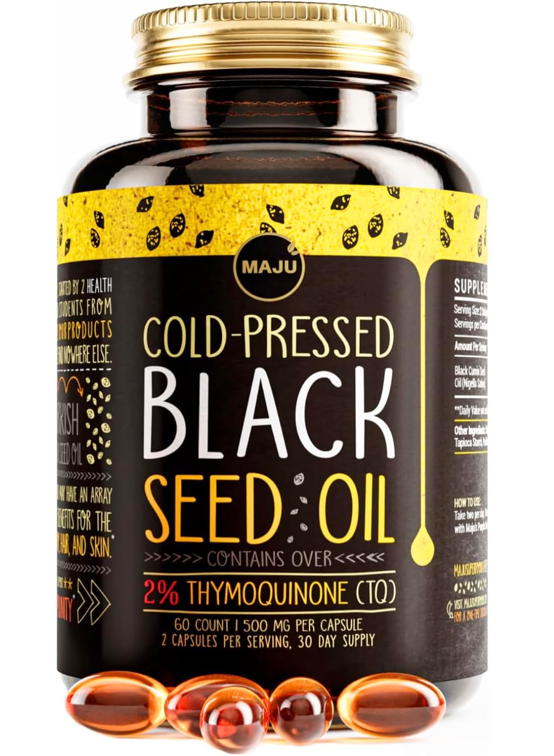 Maju Black Seed Oil Capsules bottle closeup highlighting cold-pressed oil for daily wellness