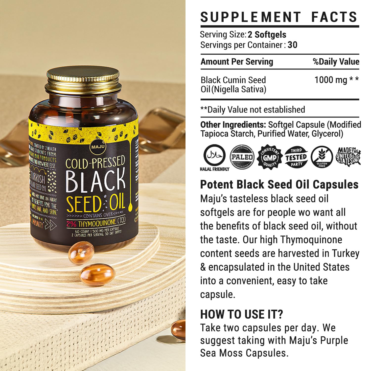 Maju Black Seed Oil Capsules product scene supports a morning wellness ritual