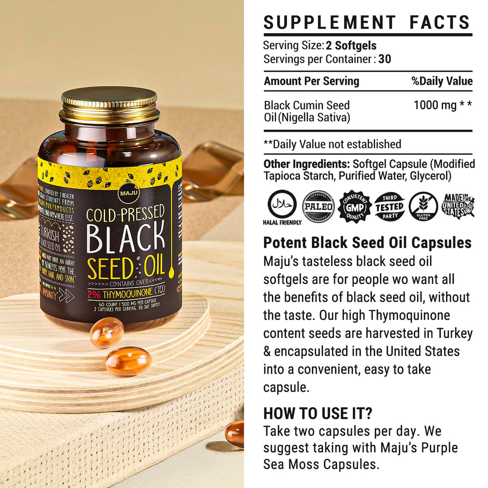 Maju Black Seed Oil Capsules product scene supports a morning wellness ritual