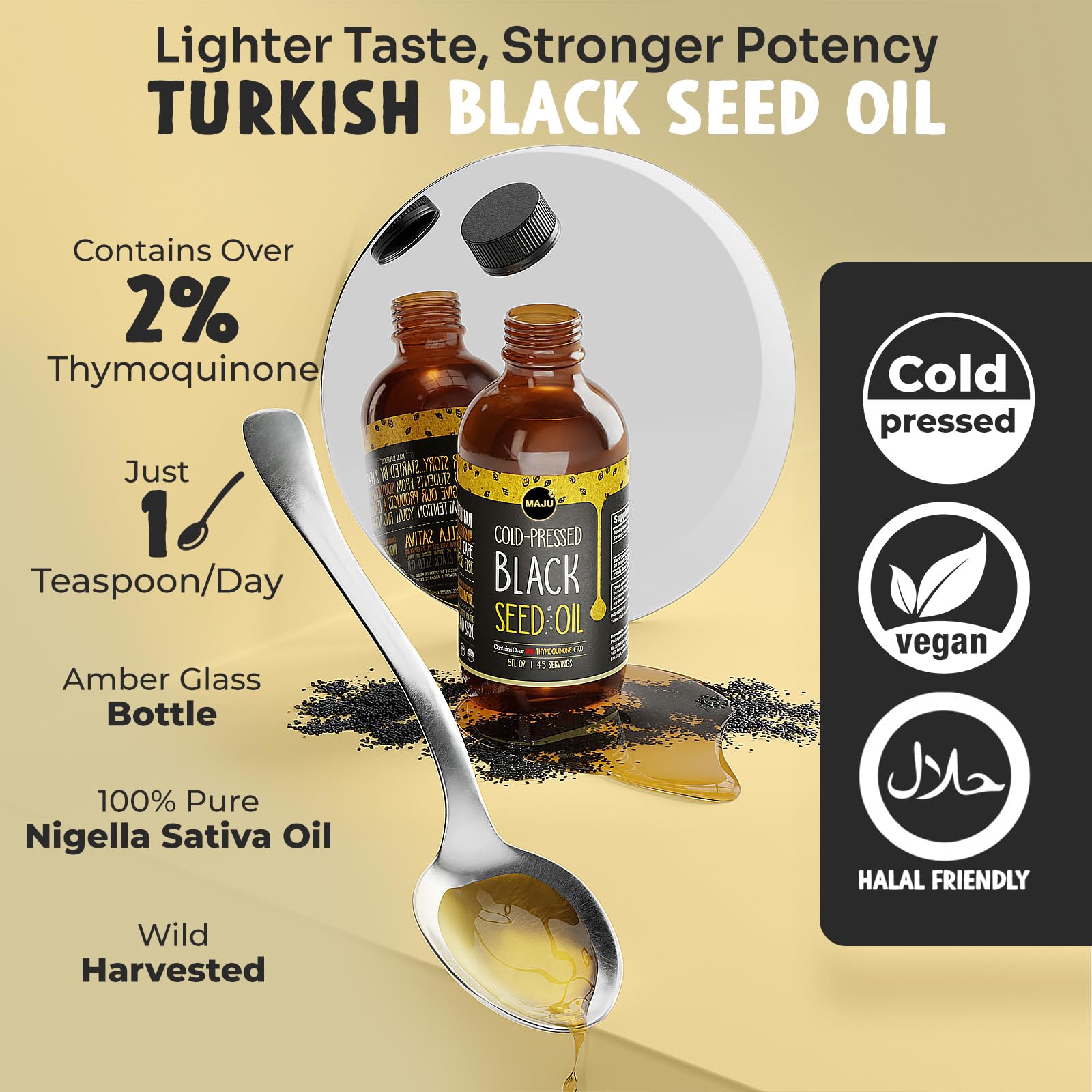 Close-up of MAJU Black Seed Oil dropper, high thymoquinone content.