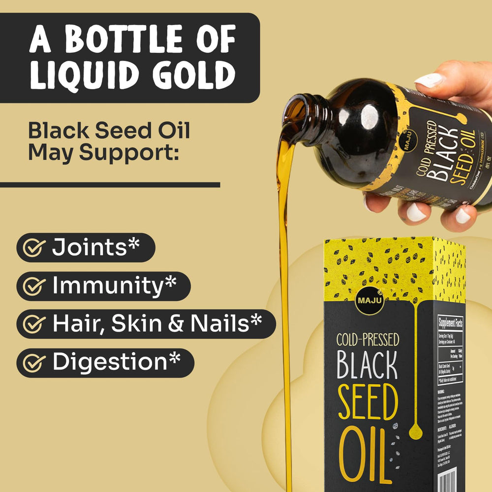 Label detail on MAJU Black Seed Oil bottle, cold-pressed Turkish origin.